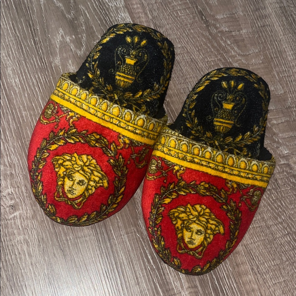 Versace Red and Black Medusa Slippers with Gold Details